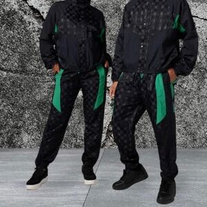 Savage X Fenty Sport Track Pants Joggers L Black Green Checkered Nylon Zip NWT